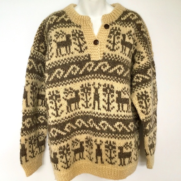 Sweater Chunky Handknit Sz Pullover Button Tab LLamas Brown Cream Womans L - Picture 1 of 3